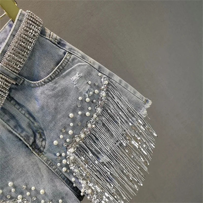 2023 Women Spring Summer New Elegant Shorts Lady Tassel Beading High Waist Wide Leg Denim Shorts Female Streetwear Casual Pants  Amaijoin