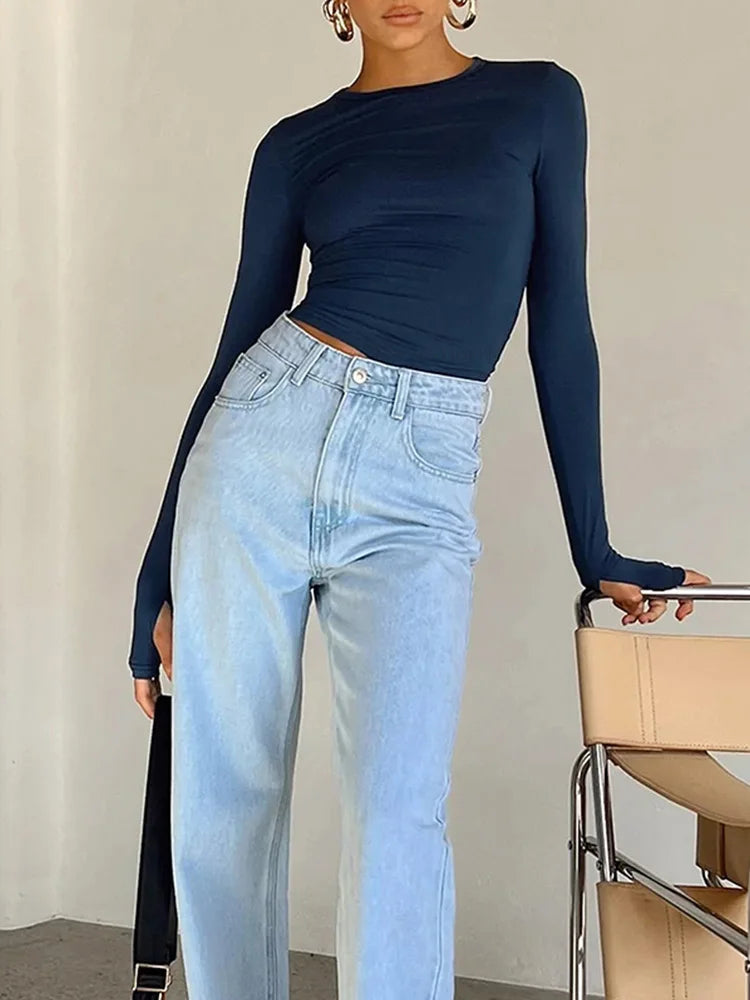 Fashion Women T-shirt Long Sleeve Crew Neck Solid Slim Fit Ladies Crop Top with Thumb Holes for Daily Streetwear Summer Camis  Amaijoin