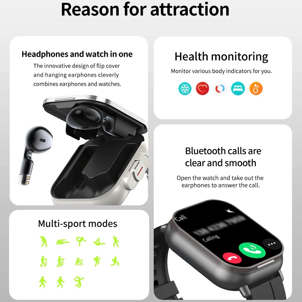 2024 New Men Bluetooth earphones Smart Watch 2.01" Headset 2 in 1 Outdoor sports Women clamshell Earplugs Smart Watch PK X7 D8  Amaijoin