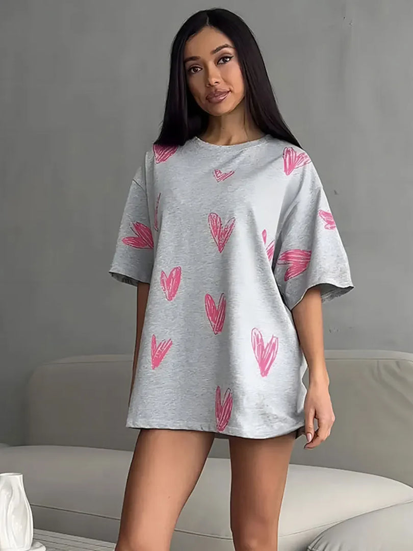 Wolfeel Casual O-neck heart Print Women T-shirt Summer Short Sleeve Loose Cotton Female Basic Tops Shirt Tees women clothes  Amaijoin