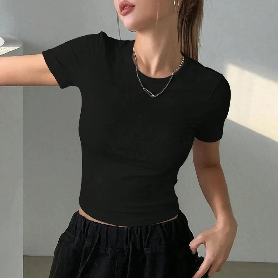 100% Cotton Womens Crop T-shirts Black Solid Color Tees Shirts O-Neck Tight Short Sleeves Clothes Fashion Street Female Tops  Amaijoin