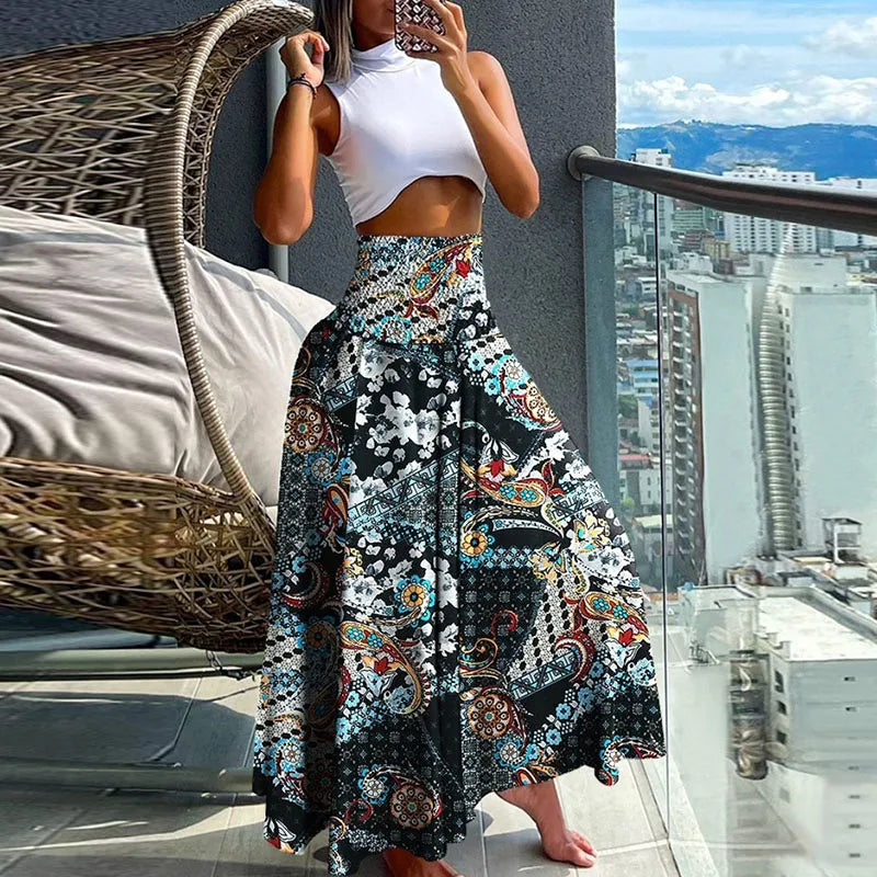 Summer Fashion High Waist Thin Printing Female Skirts Commute Elegant Elastic Waist Bohemia Holiday A-line Skirt Versatile Dress  Amaijoin