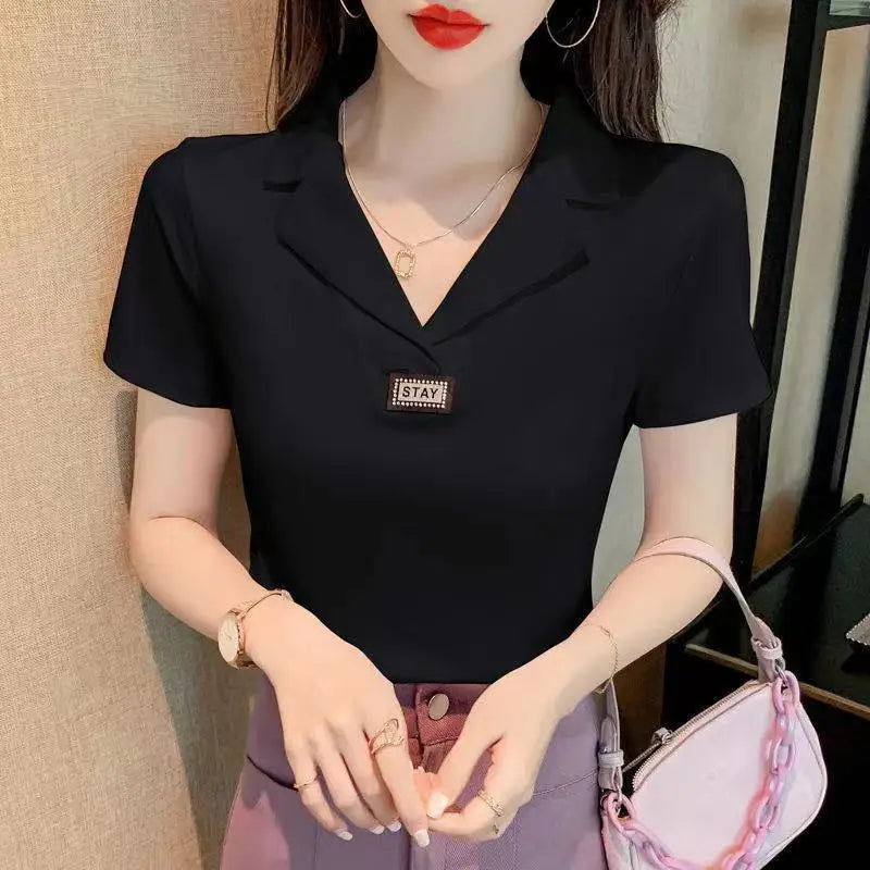 Tops Black Clothing Plain Polo Neck Shirts for Women Aesthetic Luxury High Quality T-shirt Woman Cotton with Collar Y2k Fashion  Amaijoin