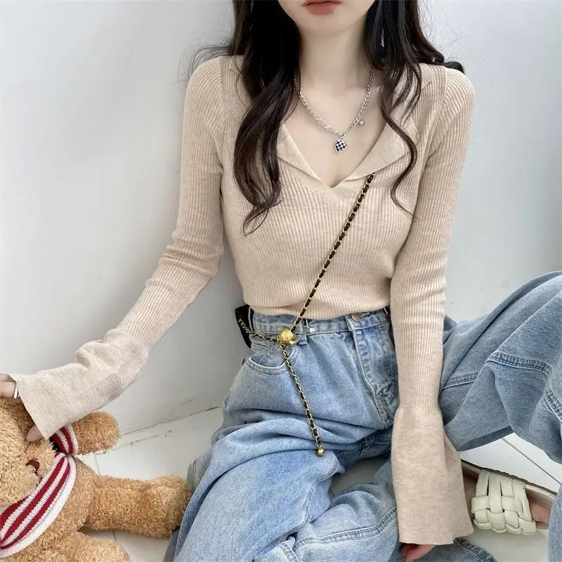 Black Casual Women Polo Neck Tee Shirt T Shirts Woman Top Korean Fashion Clothing Long Sleeve Clothes Free Shipping Streetwear  Amaijoin