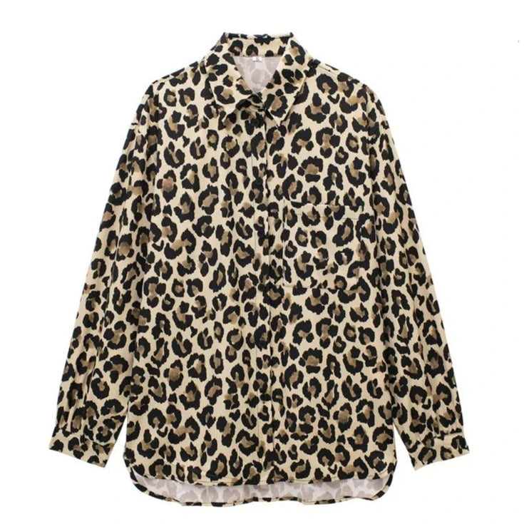 TRAF-Long Sleeve Leopard Shirts for Women, Button-up Blouses, Animal Print, Chic Tops, Female Fashion  Amaijoin