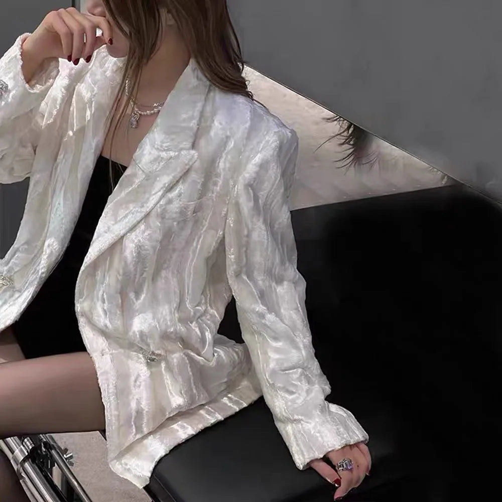 2024 Fashion Velvet Blazers For Women Bright Silk Chic Love Diamond Button Suit Coat Ladies Spring Autumn Elegant Female Jacket  Amaijoin