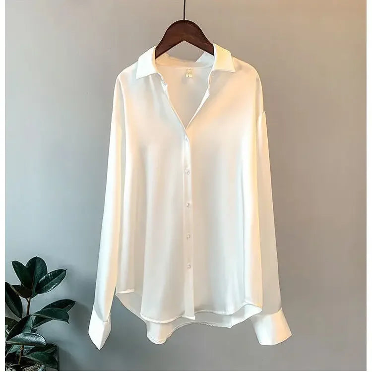 Long Sleeve Satin Silk Tops for Women Button Up Clothes Loose Womens Shirt & Blouse Economic with Free Shipping Trend 2024 M S  Amaijoin