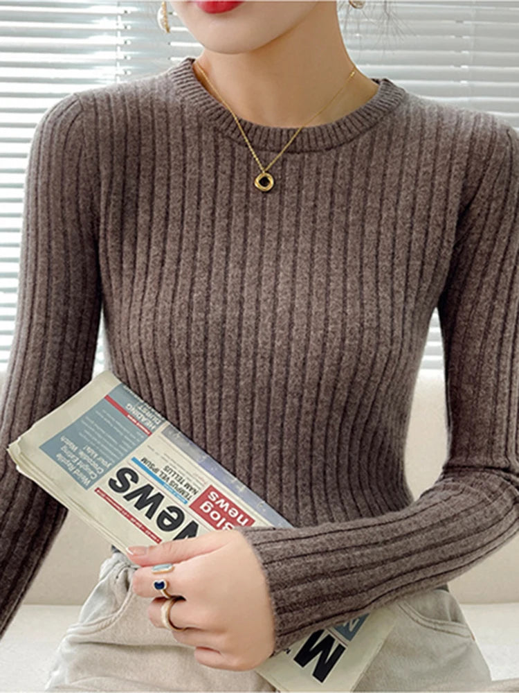 Fashion Ribbed Women Sweater Knitted Soft Pullovers Jumpers Basic Solid Soft Long Sleeve Sweaters For Women Autumn Winter Tops  Amaijoin