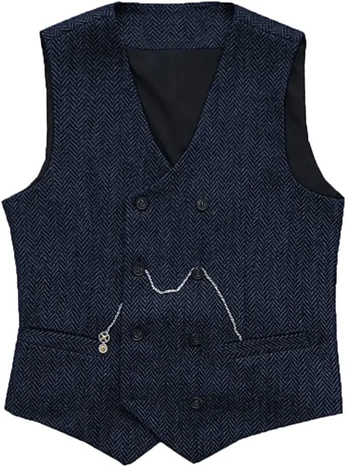 V Neck Men's  Suit Vests Herringbone Wool Tweed Double Breasted Waistcoat Tuxedo Groomsmen For  Wedding  Amaijoin