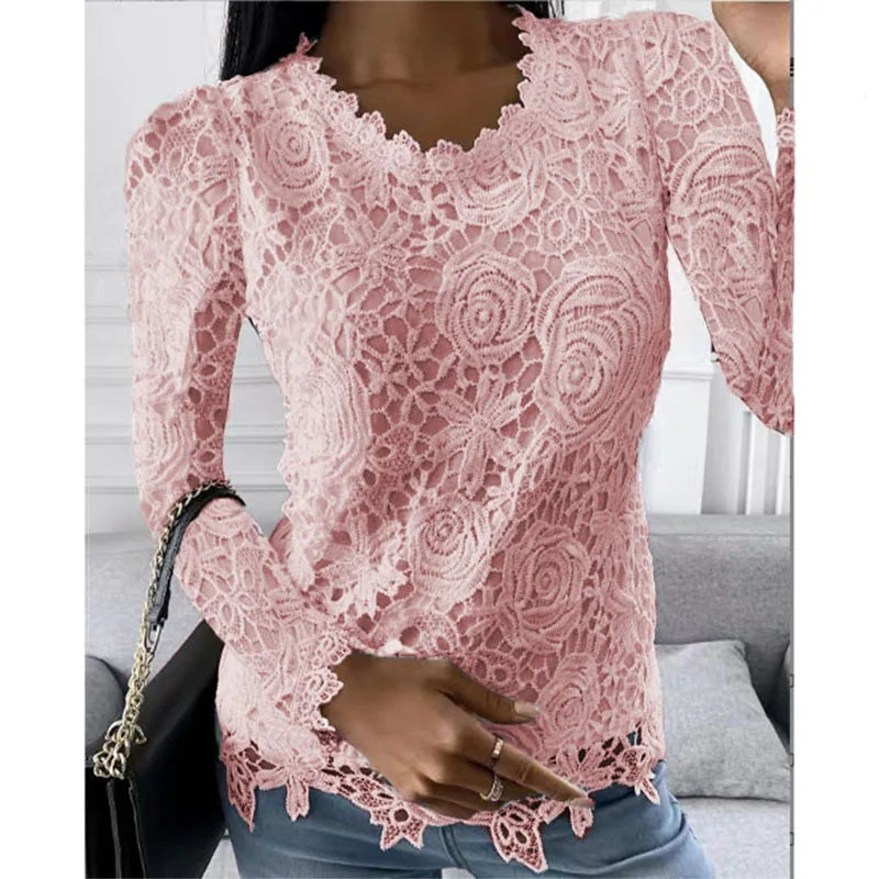 Summer Fashion Woman Pulovers Blouses Lace Hollow Out Long Sleeves Solid T-shirt Korean Style Star Girl Top Y2K  Amaijoin