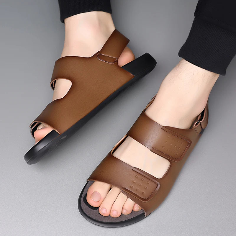 Non-slip Open-toe Leather Sandals Men's Summer New Sandals and Slippers Men's Leather Sandals Adult Thick-soled Beach Shoes  Amaijoin