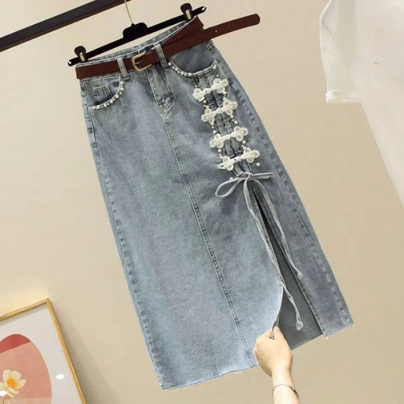 High-waisted Denim A- line Skirt For Women 2024 Spring Summer Slimming Bodycon Skirt Side Slit Petite Size Medium Length  Amaijoin