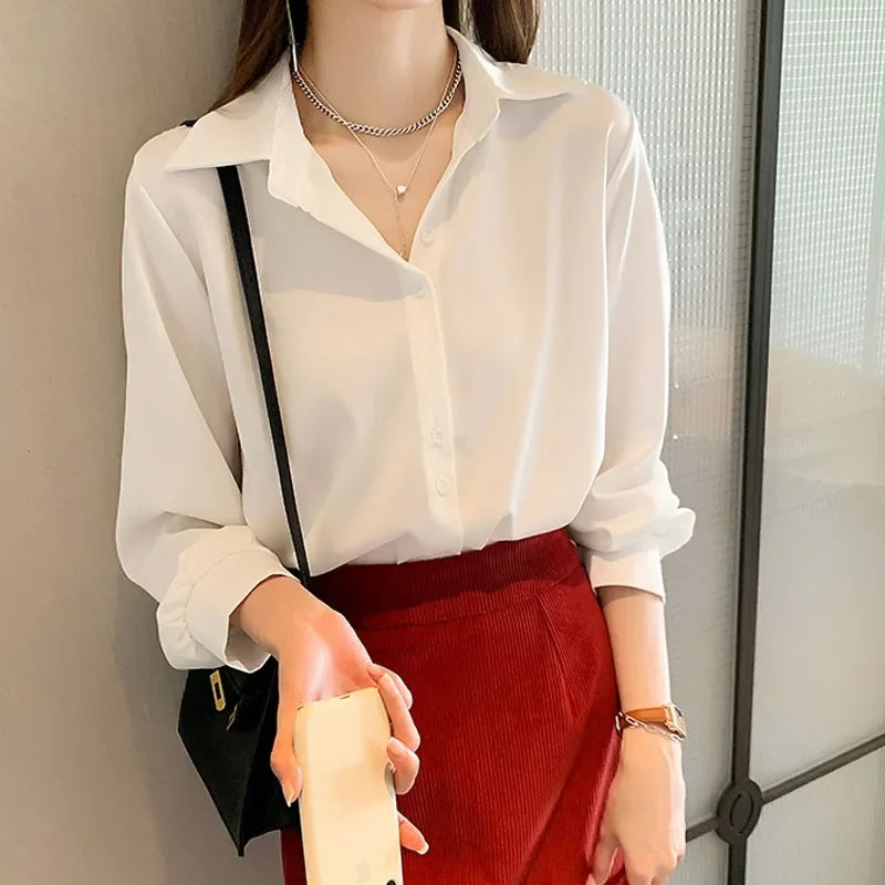 Black Chiffon Shirts For Women Spring NEW Solid Long Sleeve Shirts Korean Fashion Ladies Blouse Simple Female Clothing Tops  Amaijoin