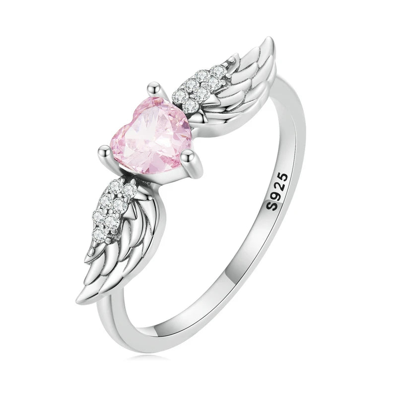 BAMOER 925 Sterling Silver Angel Wing Ring for Women Fine Jewelry Pink Heart Zircon Eternity Band Ring Wedding Gift SCR874  Amaijoin