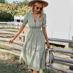 Load image into Gallery viewer, Women Elegant Striped Lantern Sleeve Summer Dress Causal V-neck Button Ruffles Midi Dress 2023 Women Beach Holiday Party Dress  Amaijoin
