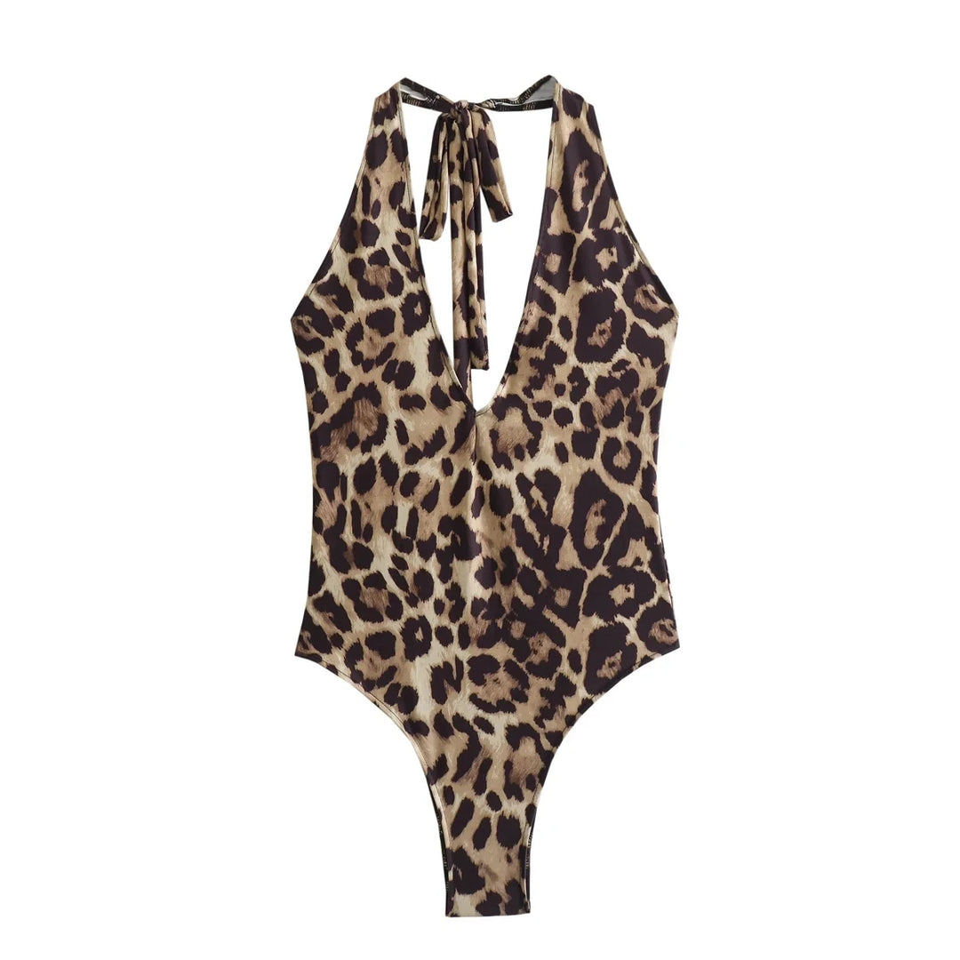 EDSA Women Leopard Print Halter Swimsuit 2024 Summer Sexy Backless Sleeveless Bodysuits Swimwear Female Tops  Amaijoin