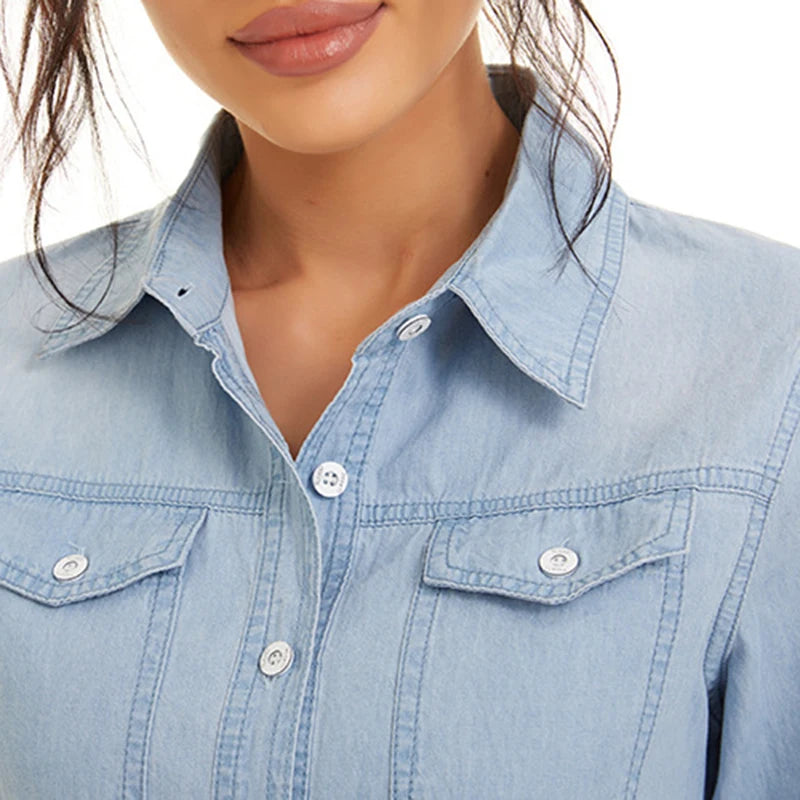 Streetwear Light Blue Cotton Thin Basic Shirts Jeans Woman 2024 Spring Long Sleeve Denim Blouses Ladies Tops Clothes  Amaijoin