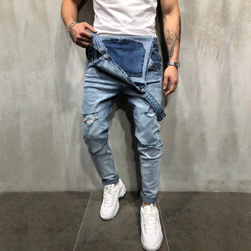 Men Stylish Slim Biker Jeans Bib Overalls Jumpsuits jeans Man Streetwear Casual Stretch Ripped Dungarees Male Strap Jeans  Amaijoin