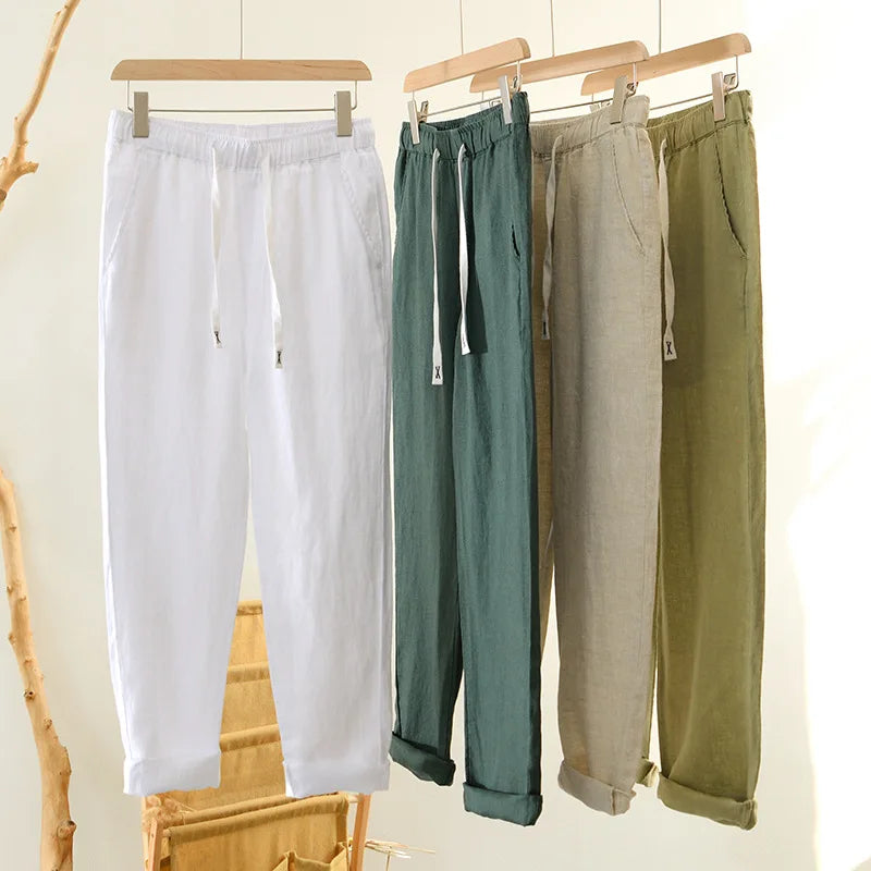 8236 Spring Summer Fashion Men's Simple Basics Linen Pants Japan Style Elastic Waist Solid Color Casual Loose Breathable Trouser  Amaijoin