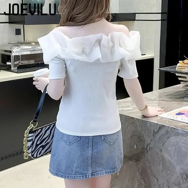 Off Shoulder Top Sexy Exposed Clavicle Ruffled Short Sleeve T-shirt Female Summer Chic Elegant Blouses Niche Fairy Kawaii Tops  Amaijoin