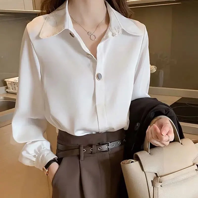 Button Up Spring White Office Outfits Clothes Formal Long Sleeve Satin Womens Shirt & Blouse Wear To Work Silk Tops for Women S  Amaijoin