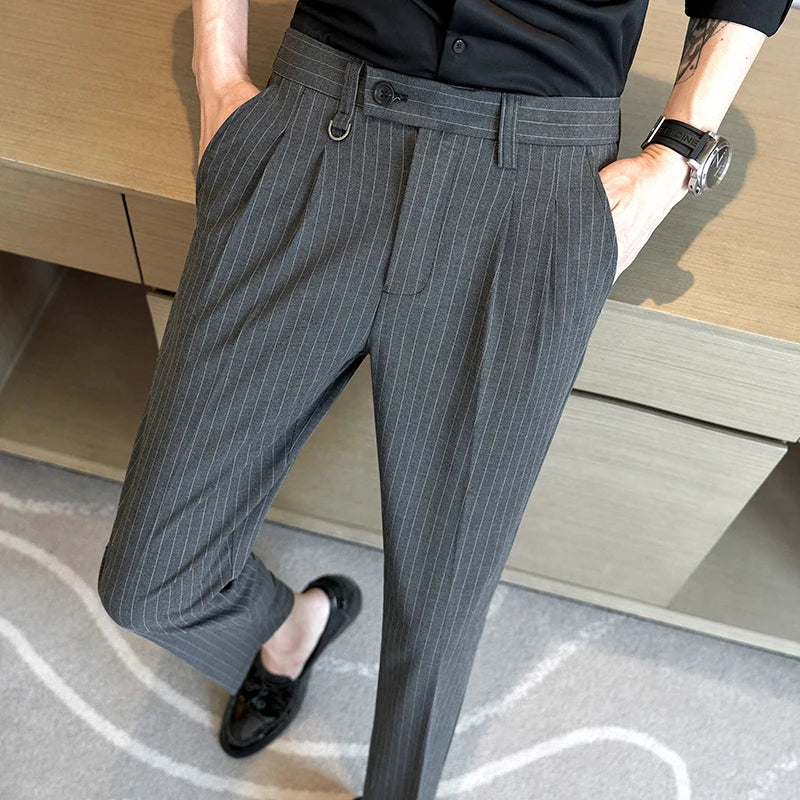 British Striped Suit Pants for Men Spring/summer Casual Business Formal Pants Slim Fit Ankle Length Streetwear Trousers 28-36  Amaijoin