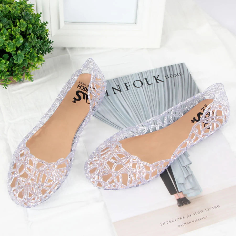 Summer women sandals flat-soled crystal clogs hollow flat-soled slip-ons shallow mouth Roman jelly shoes beach sandals  Amaijoin