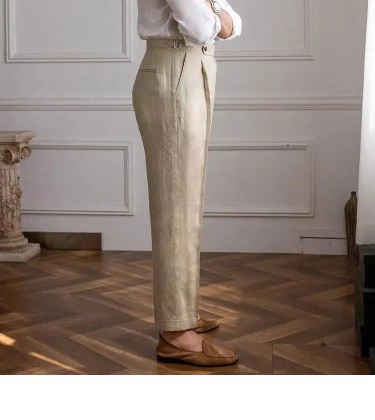 100% Linen Italian Naples Pants Men High Waist Straight  Suit Trousers Spring Summer Fashion Lightweight Breathable Casual Pants  Amaijoin