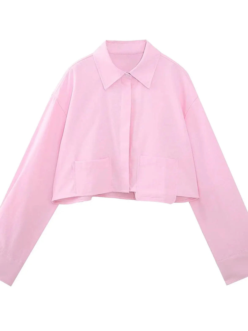 XNWMNZ 2023 Women fashion cropped poplin shirt Woman high street lapel long-sleeve pocket front button top female chic blouse  Amaijoin