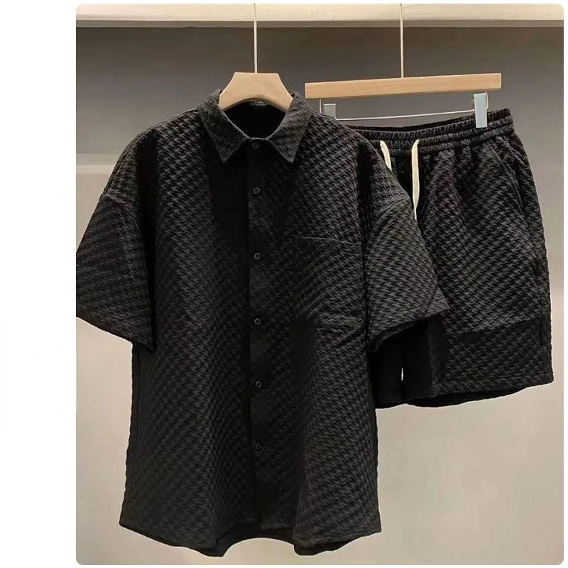 Summer Loose Men's Suit Handsome lattice Short Sleeve Shirt + Shorts British Style Casual Two-piece Suit Jogger Outfit Tracksuit  Amaijoin