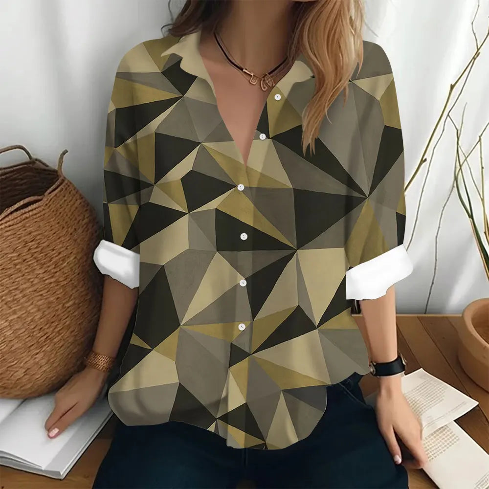 Autumn Women's Shirt Polo Collar Long Sleeve T-shirt Fashion Print Top Fashion Party Trend Women's Shirt Button Casual T-shirt  Amaijoin