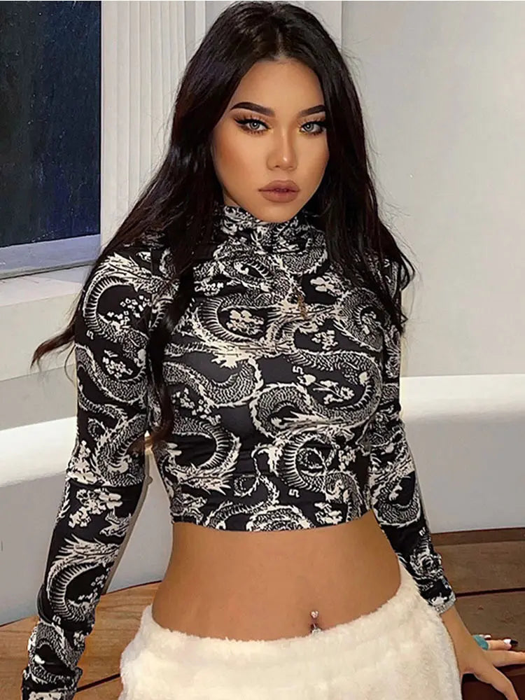 Fashion Trend Women's Stylish Dragon Printed Crop Tops Long Sleeve High Collar Slim T-shirt Skinny Tees for Spring Autumn  Amaijoin