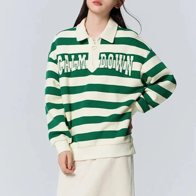 Semir Sweater Women Waffle Texture Striped Shirt Oversize Winter Polo Collar Letter Embroidered Retro Sweatshirt  Amaijoin