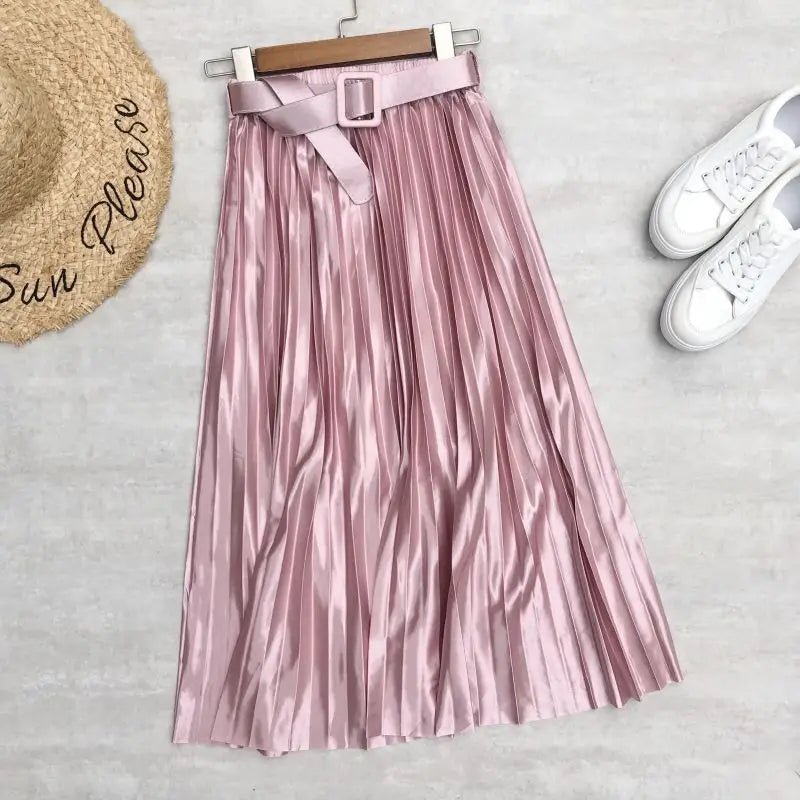 2024 New High Waist Elegant Stain Women's Pleated Skirts with Belted Solid Skirts Mi-long Umbrella Skirt Spring Summer  Amaijoin