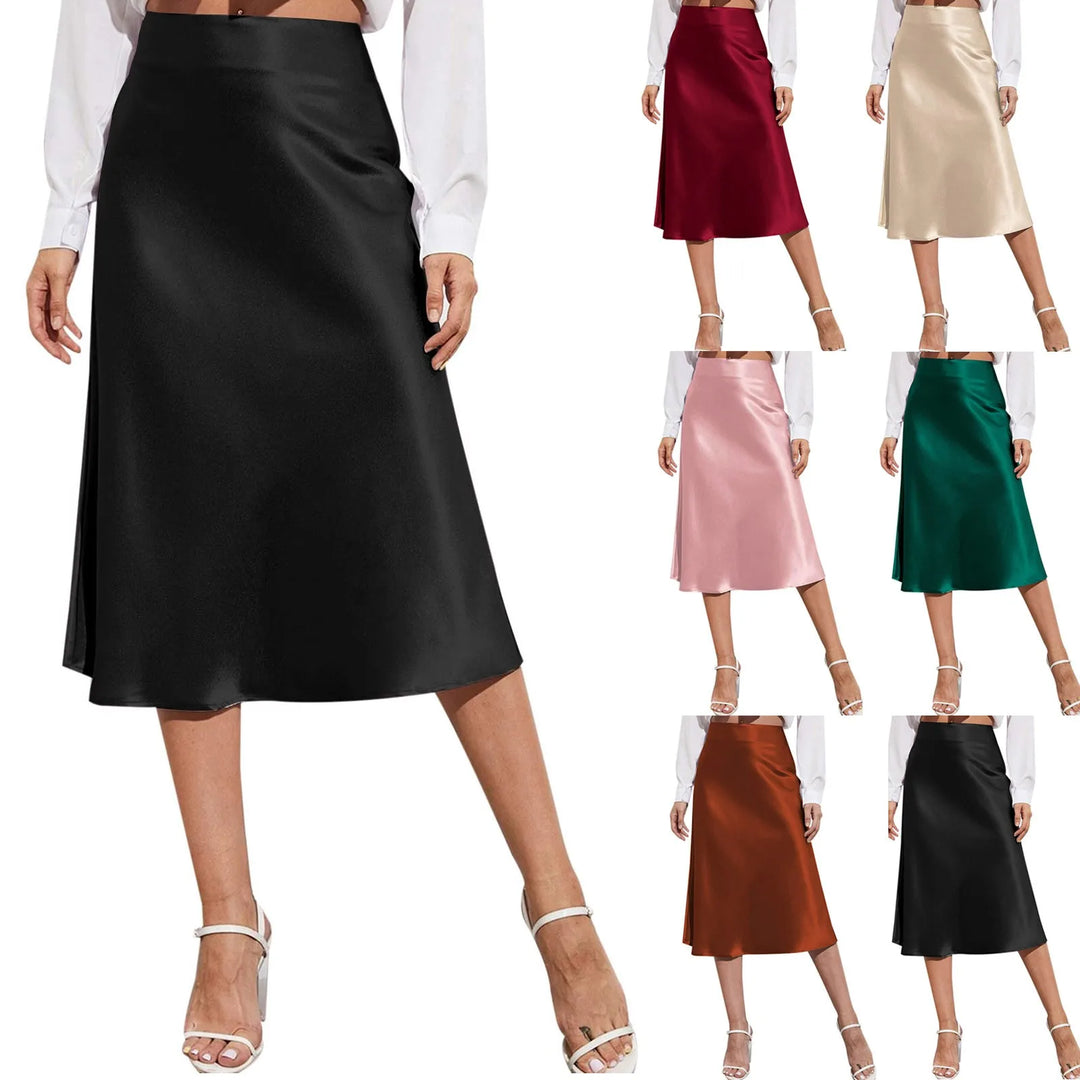 2022 Ladies Chiffon Silk Skirt Fashion Women's Midi Skirt High Waist Solid Color Satin Dress Zipper Elegant Female Summer Skirts  Amaijoin