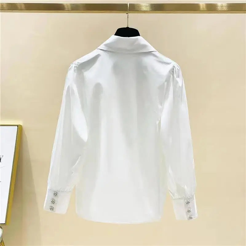 Polo Shirts for Women in Spring 2024 Korean Fashion Long Sleeved Shirts with Studded Elegant Commuter Tops Blouse Women  Amaijoin