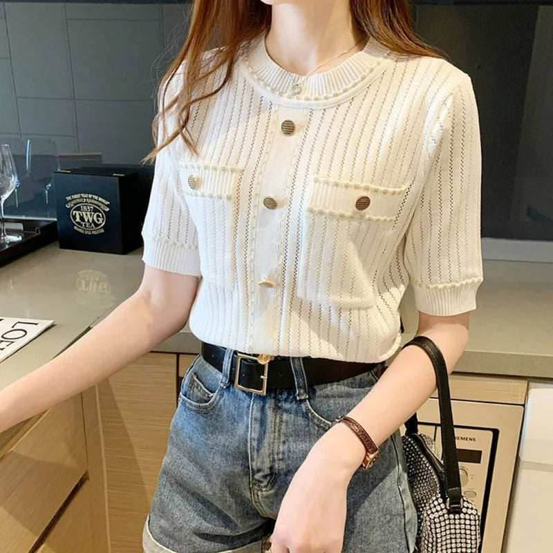 2023 Summer New French GentleIce Silk Round Neck Short Sleeve T-shirt Women's Solid Button Small Fragrant Wind Knitted Slim Top  Amaijoin