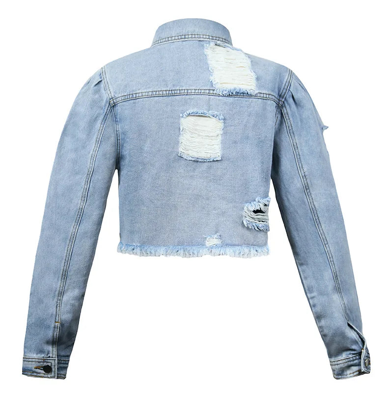 2022 Fall New Woman Long Sleeve Ripped Short Denim Jacket Fashion Hipster Jeans Coat Street Casual Female Clothing S-XL  Amaijoin