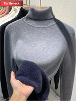 Load image into Gallery viewer, Turtleneck Winter Sweater Women Elegant Thicken Velvet Lined Warm Sueter Knitted Pullover Slim Tops Jersey Knitwear Jumper New  Amaijoin
