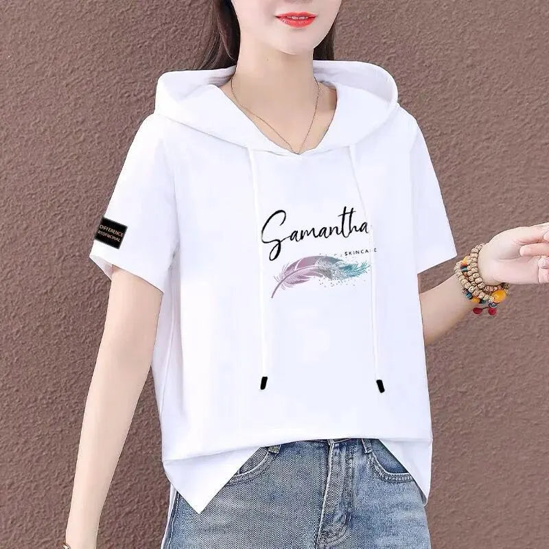 Short Sleeve Summer Thin White T-shirt Women Casual Fashion Top Loose Style Polyester Fabric Cartoon Design  Amaijoin