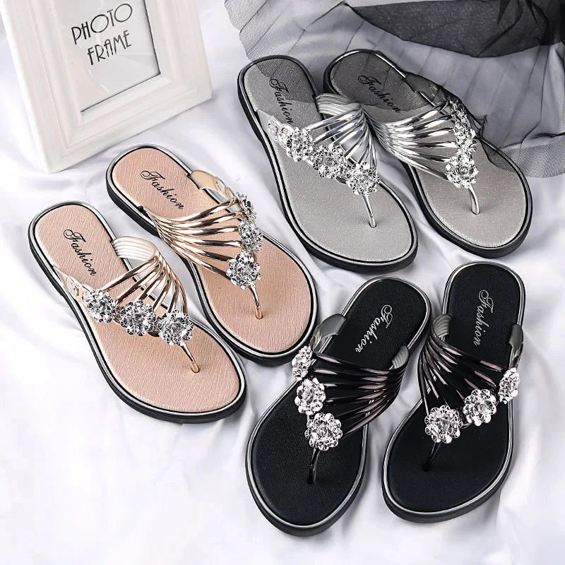 Luxury Rhinestones Flowers Flip Flops Women Summer 2024 Ladies Slippers Flats Sandals Woman Comfortable Anti-Skid Beach Shoes  Amaijoin