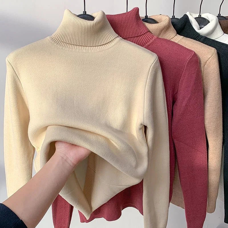 Turtleneck Winter Sweater Women Elegant Thicken Velvet Lined Warm Sueter Knitted Pullover Slim Tops Jersey Knitwear Jumper New  Amaijoin