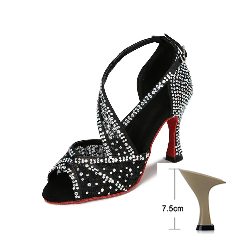 Mesh Breathable Latin Dance Shoes Women's High Heel Diamond 2024 Summer Sandals Indoor Soft Bottom Jazz Tango Sasa Free Shipping  Amaijoin