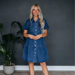 Load image into Gallery viewer, 2024 Spring Summer New Women&#39;s Clothing Solid Color Short Sleeve Lapel Casual Denim Dress High Waist Dress  Amaijoin
