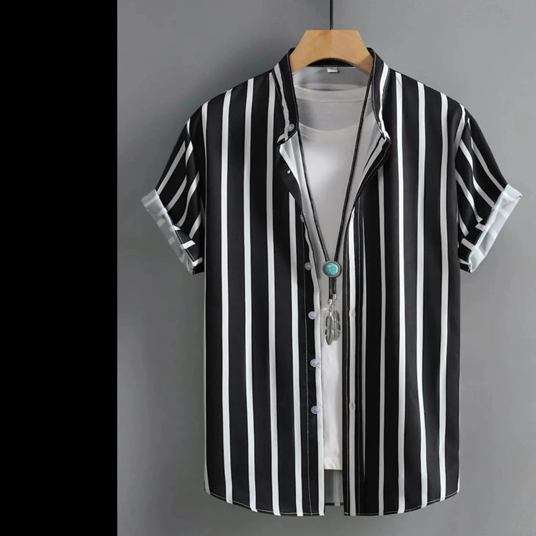 Men's Shirt Button Up Shirt Casual Shirt Summer Shirt Beach Shirt  Short Sleeve Striped Band Collar Hawaiian Clothing Fashion  Amaijoin