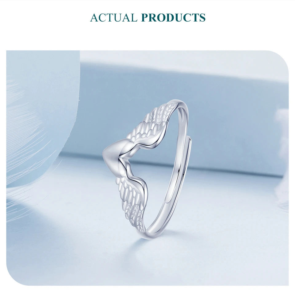 WOSTU 925 Sterling Silver Pink Heart Angel Wing Open Ring Adjustable Size For Couple Anniversary Marriage Date Gift Fine Jewelry  Amaijoin