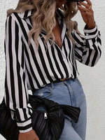 Load image into Gallery viewer, Women&#39;s Plus Size Long Sleeved Striped Printed Shirt with Lapel Buckle Casual Black and White Contrasting Striped Top Blouse  Amaijoin
