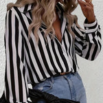 Load image into Gallery viewer, Women&#39;s Plus Size Long Sleeved Striped Printed Shirt with Lapel Buckle Casual Black and White Contrasting Striped Top Blouse  Amaijoin
