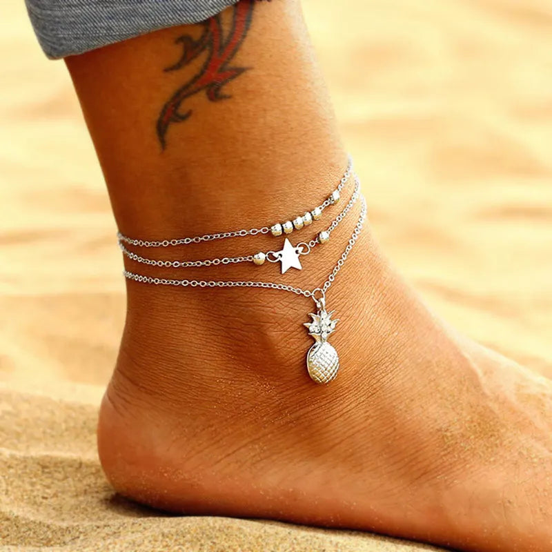 Two Layers Chain Heart Moon Sun Gold Silver Color Anklets For Women Bracelets Summer Barefoot Sandals Jewelry On Foot Leg  Amaijoin