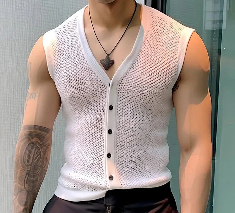 INCERUN 2024 Men Tank Tops Mesh Hollow Out Solid V Neck Sleeveless Summer Male Vests Transparent Streetwear Fashion Men Clothing  Amaijoin